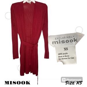 Misook Vintage Size XS Full Sleeve Red Cardigan/Top Belt Sweater Preppy Longline